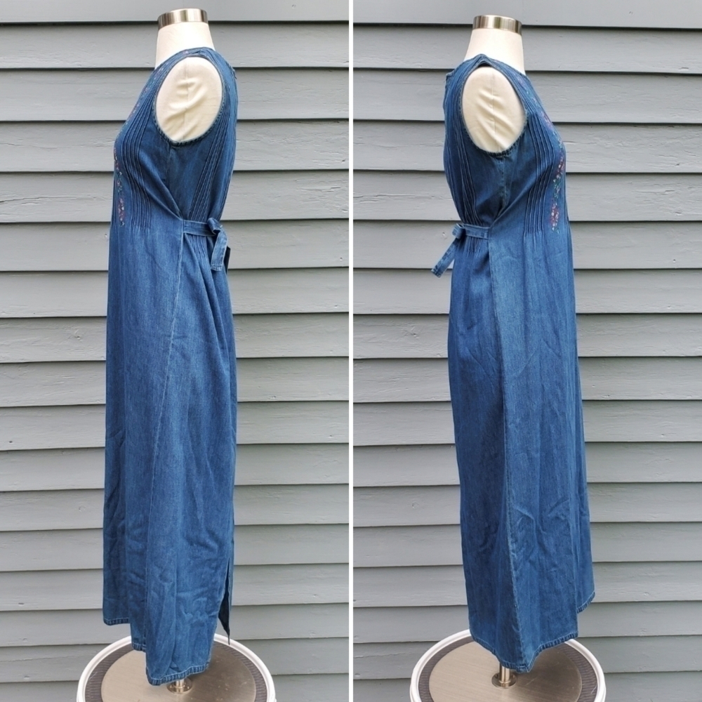 Vintage 90s y2k Floral Embroidered Denim Baptist Homeschool Mom Jumper Dress 6 - Picture 2 of 10